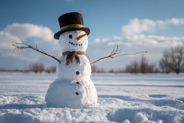 Obraz premium Happy Snowman with Top Hat in Sunny Winter Landscape – Realistic Outdoor Holiday Scene