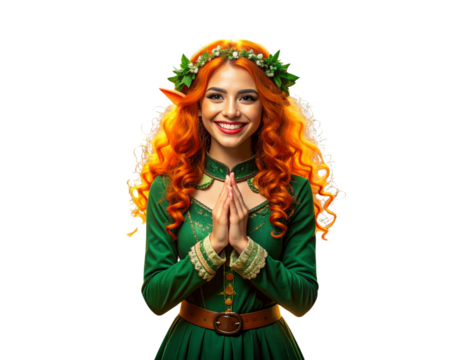  A joyful elf character dressed in green with orange hair stands, smiling with hands clasped 