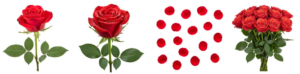 Fototapeta premium Composition of red roses in various stages from bud to full bloom and scattered petals on a plane on transparent background