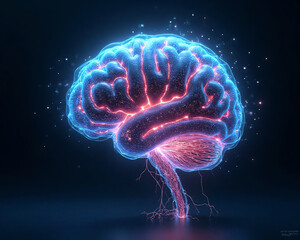 Glowing futuristic digital brain with nodes data streams dark blue