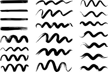 Collection of Black Brush Stroke Lines and Wavy Strokes on White Background