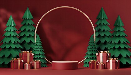 Festive Christmas Scene with Gifts, Trees, and a Podium.