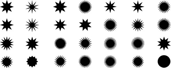 Collection of Black Starburst and Circular Shapes on White Background