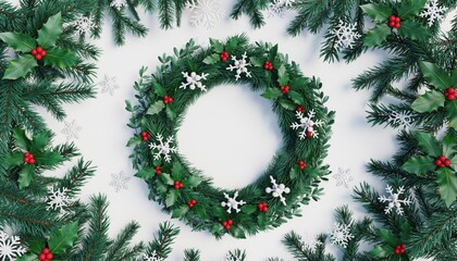 Festive Christmas Wreath with Holly Berries and Snowflakes on White Background.