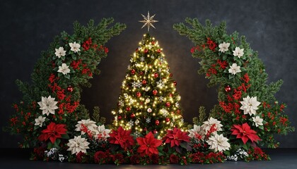 Festive Christmas Tree Display with Ornaments and Lights.