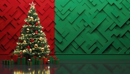 Festive Christmas Tree with Ornaments and Decorations on Red and Green Background.