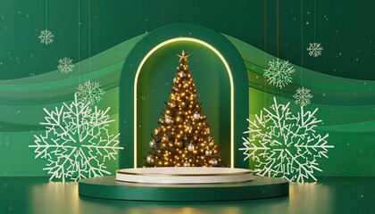 Festive Christmas Tree Display with Snowflakes and Stage.