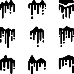 Collection of nine black dripping paint or ink icons on white background