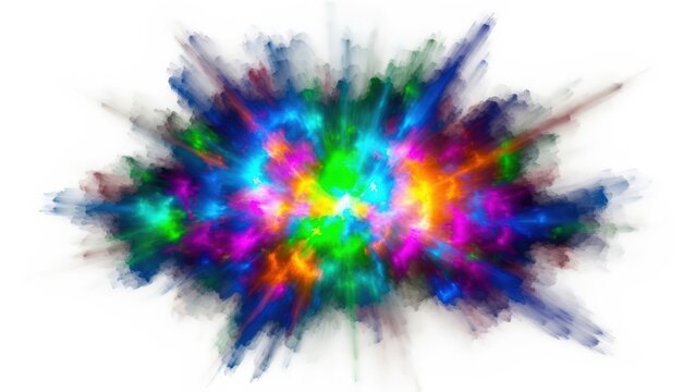 A vibrant, abstract explosion of colorful light and powder against a white background, creating a dynamic and energetic visual effect.
