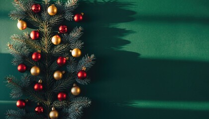 Christmas Tree Decorations on Green Background with Shadows.