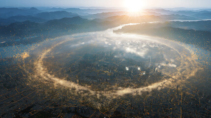 Drone View of Urban Landscape with Setting Sun Over Mountains and River: Captivating Aerial Photography Highlights Vibrant Cityscape, Geometric Patterns, and Nature Contrast in Serene Exploration