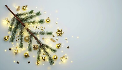 Christmas Tree Branch with Golden Ornaments and Lights on White Background.