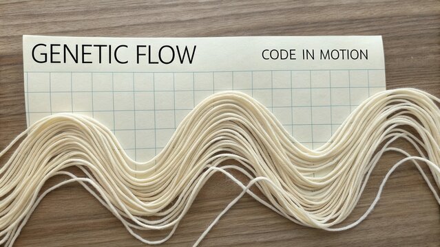 Genetic Flow Illustration with Wavy Lines and Text on a Wooden Background for Scientific Representation