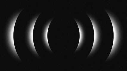 Minimalist black and white abstract design with a repeating glowing light ring effect, with a subtle noise texture.