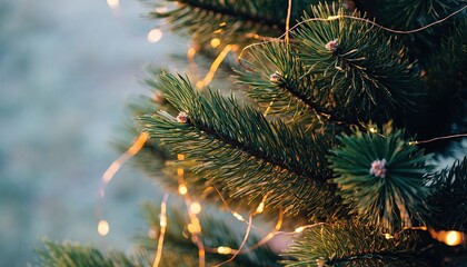Close-up of a Christmas tree with glowing lights and green needles.