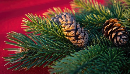 Close-up of pine cones and green fir branches on red background.