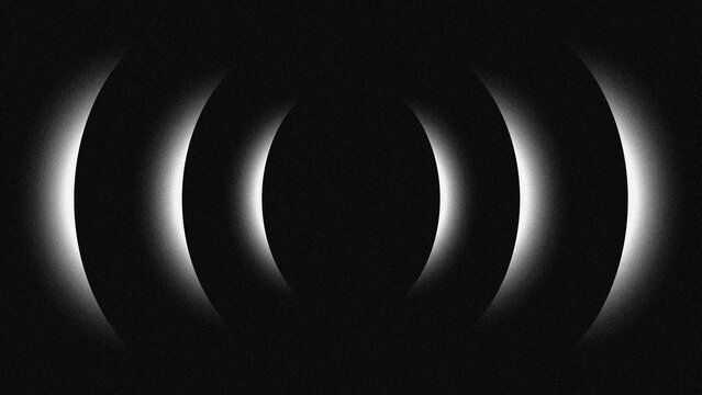 Minimalist black and white abstract design with a repeating glowing light ring effect, with a subtle noise texture.