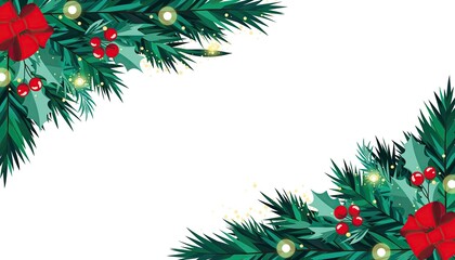 Festive Christmas Holiday Decoration with Greenery and Red Bows.