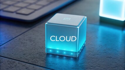 Illuminated Cloud Icon on Modern Desk with Keyboard and Sleek Digital Aesthetic for Technology and Networking Concepts