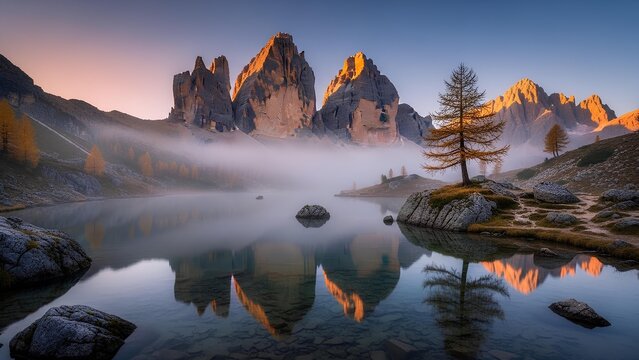 Scenic autumn sunrise reflection over a calm mountain lake and surrounding forest landscape - Powered by Adobe