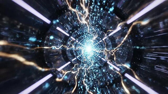 Futuristic Abstract Energy Tunnel with Blue Light Particles and Golden Lightning
