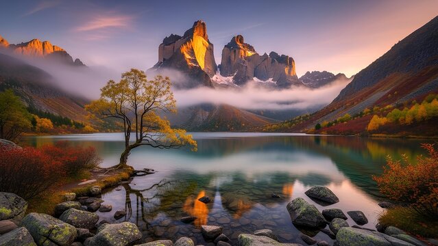 Scenic mountain lake landscape with sunrise and sunset reflections in the water - Powered by Adobe