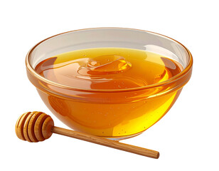 Liquid honey with dipper and glass bowl, 3d design. Suitable for food, beverage and cosmetic elements 