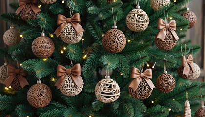 Christmas Tree Ornaments Festive Holiday Decorations Close Up.