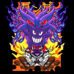 A bold vector illustration of a purple ghost creature with dark energy, flames, and lightning, creating a dramatic supernatural look.
