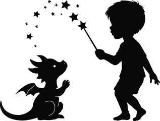 Child and Baby Dragon Magic Silhouette Art
