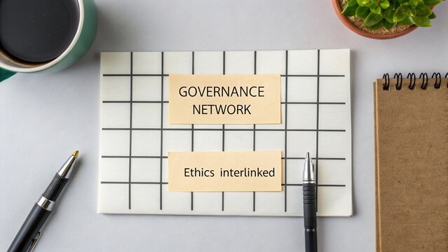 Governance Network Concept with Notes on Ethics Interlinked, Coffee Cup, Notepad, and Plant on Desktop Surface