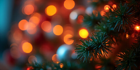 Abstract close-up Christmas tree bokeh out-of-focus lights color wash