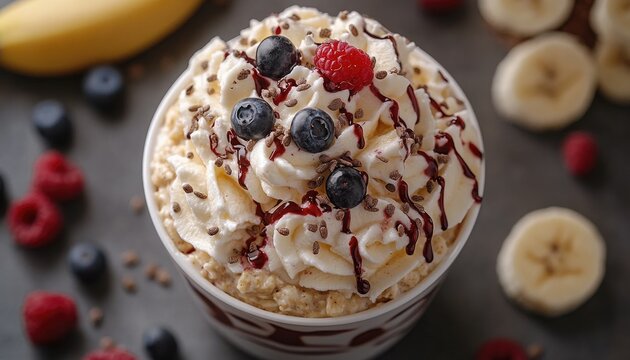 Bowl of overnight oats with whipped cream, berries, chocolate, and syrup. Great for blog posts, websites, menus, recipe books, and food marketing.
