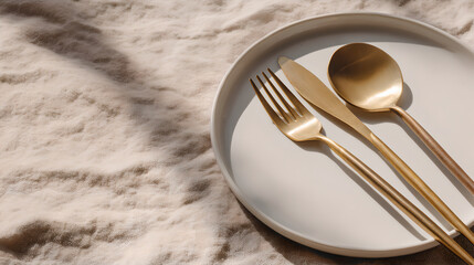 Close-up of a minimalist table setting with golden fork, knife, and round dinner spoon.

