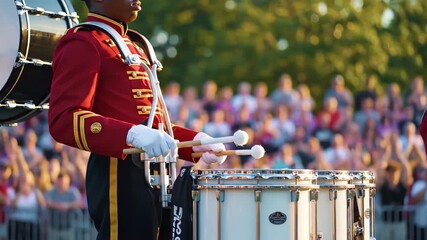 Drummer in a marching band performing for a crowd at an outdoor event.