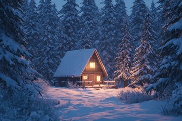 Cozy Winter Cabin with Warm Lights in Snowy Pine Forest Under Mountain Cliff at Blue Hour