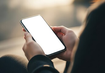 Close-up of hands holding a smartphone with a blank white screen
