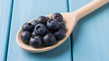 A wooden spoon filled with fresh ripe blueberries resting on a textured blue wooden surface