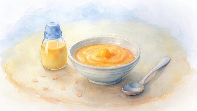 Delightful watercolor painting of a baby's first pumpkin puree meal with bottle and spoon, perfect for nutrition guides and healthy eating content