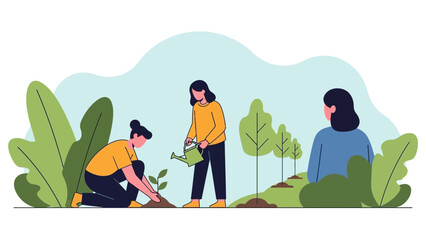 Diverse Women Planting Trees and Gardening for Environmental Sustainability Illustration