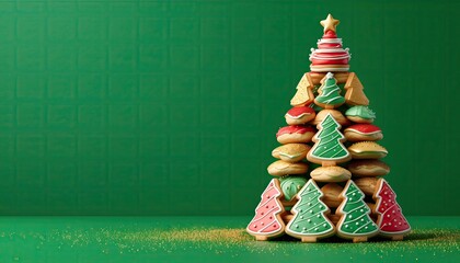 Festive Christmas Tree Crafted from Delicious Cookies on Green Backdrop.