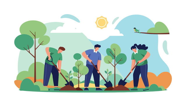 Volunteers Planting Trees Together Outdoors for Environmental Sustainability and Earth Day Concept Illustration - Powered by Adobe