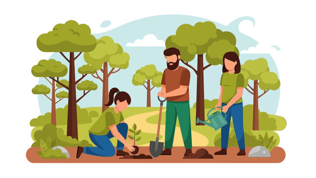 Volunteers Planting Trees Outdoors Community Reforestation and Environmental Care Illustration