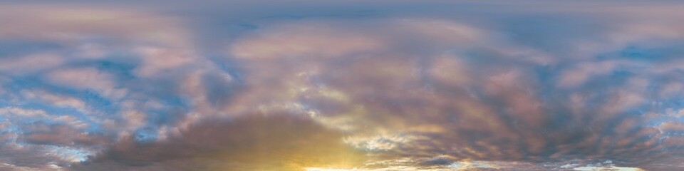 Obraz premium Sunset sky with bright glowing pink Cumulus clouds. Seamless spherical HDR 360 panorama. Full zenith or sky dome in 3D, sky replacement for aerial drone panoramas. Climate and weather change.