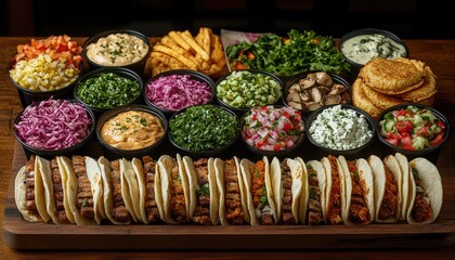 Assortment of fresh tacos and diverse toppings displayed on a rustic wood board. Showcasing variety of flavors, perfect for a restaurant menu or food blog.