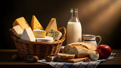 Artisanal dairy delights and freshly baked bread basket with ripe apple and milk jug
