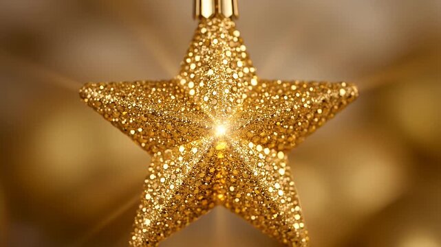 Close Up Of A Glittering Golden Star Ornament Hanging With Soft Bokeh Lights Background For Festive Celebrations And