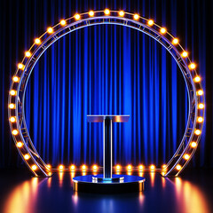 Illuminated circular stage arch with pedestal against blue curtain