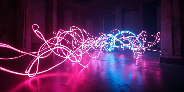 Neon light trails abstract patterns moving tubes hot pink cyan retro