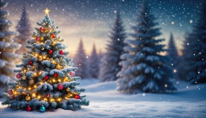 Christmas Tree in Snowy Forest with Ornaments and Lights.